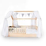 Hausbett Deko Set mit Baldachin, Wimpel und Lichterkette für Hausbetten bis zu 2m Länge in weiß/grau für Jungen I Mädchen Deko für Kinderzimmer I Babyzimmer, Betthimmel lädt Kind zum T