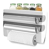 Wandrollenhalter, 3-Fach-Schneidabroller, Papierrollenhalter Mit Scharfen Klingen Folienschneider Mit Abstellfläche Für Insgesamt 3 Rollen Küche Badezimmer 39 x 10 x 24 cm(Grau)