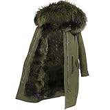 HANTONGHAO Echtpelzmantel Winterjacke Damen Langer Parka Wasserdicht Big Natural Waschbär Pelzkragen Kapuze Dick Warm Echt Fuchspelz Liner - x-long full green,L