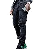 YAOTT Herren Denim Cargohosen Multi-Tasche Jeans lässige Tapered-Hose Klassische Haremshose Weite Jeans Jogginghose Motorradhose Freizeithose Hiphop Stretchjeans Jeanshose Schwarz XL