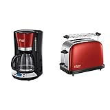 Russell Hobbs Digitale Kaffeemaschine Colours+ rot, programmierbarer Timer, 1,25l Glaskanne, bis 10 Tassen, 1100W & Toaster Colours+ rot, 2 extra breite Toastschlitze, 6 einstellbare Bräunung