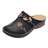BALABUE Damen Gra Cosy Clogs Schuhe Leder Slippers Slip On Pantoletten Anti Strandsandalen Vintage Penny Loafer Leder Hausschuhe Frauen Plateau Freizeitschuhe mit Weichen Sohlen(Schwarz,42)