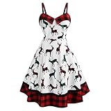 TOALOL Weihnachten Damen Kleid Plaid Rentier Drucken Vintage Casual Basic Teenager Herbst Winter Party Abschlussball Geschenk Elegant Sexy Rockabilly Tunika Kleider Festival Kostüm (Weiß, XXXL)