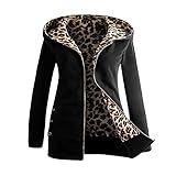 AILIEE Damen Plus Samt Dicker Kapuzen Sweatshirt Leopard Reißverschluss Mantel Outwear Jacken Kapuzenpullover Oberbekleidung Trenchcoat(Schwarz,3XL)