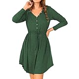 Herbst Und Winter Casual Fashion Damen V-Ausschnitt Einfarbig KnöPfe Langarm SchnüRung Kordelzug Taille Loses Kleid D