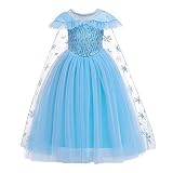 IWEMEK Baby Kinder Mädchen ELSA Kostüm Schneekönigin Schneeflocke Tüll Prinzessin Kleid + Umhang Karneval Halloween Weihnachten Geburtstag Partykleid Zeremonie Festliches Kleider Blau Ärmellos 6-7