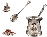 Türkische Kaffeekanne mit Gravur, Vintage-Stil, griechisch-arabischer Kaffeebereiter, Cezve, Löffel und türkischer Kaffee (2–3 Tassen)