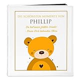 Maverton Fotoalbum zum Selbstgestalten + mit Aufdruck - für 240 Fotos 10x15-60 schwarze Seiten - Größe 33x30cm - Weiß - Geschenk für Kind zur Geburt Taufe zum Geburtstag - Teddyb