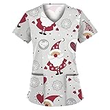 yiouyisheng Kasacks Damen Pflege Bunt Christmas Motive Weihnachten Krankenpfleger Mediznischer Uniformen Schlupfhemd V-Ausschnitt Schlupfkasack Kurzarm Tshirt Bluse mit T