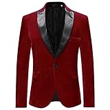 Allthemen Sakko Herren in Samt Optik Regular Fit Blazer Freizeit Smokingjacke für Hochzeit Rot M