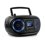 auna Roadie Smart Boombox, SmartRadio: Internetradio/DAB+ / UKW, CD-Player, Stereoanlage, USB-Port, MP3, Bluetooth, 3,5 mm-Cinch-Klinke-AUX-Eingang, mehrfarbige LED-Beleuchtung, schw