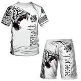 Herren Kurzarm T-Shirt Shirt Shorts Hawaiian Viking Norse Mythical Animals 3D Tattoo Vintage Print Pattern Set,Tiger,XXL