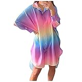 SIHUA Damen Sommer Beiläufige Strecken Casual Lose T-Shirt Kleid Swing Kleid Plus Tops Damen Casual Fashion Langes Hemd Süße Regenbogen Farbe Lose Strickjacke Kleid Schöne Günstig