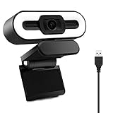 Webcam 1080P HD Einstellbarer Leuchtring Eingebaut mit Stereomikrofon, Plug and Play USB Webcam für Telekonferenzen, Zoom, Skype, Facetime, Kompatibel mit Windows, Android, MacOS,