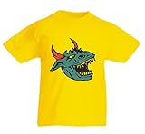 T-Shirt Drachenkopf mit gefährlichen Zähnen in Gelb für Herren- Damen- Kinder- 104-5XL