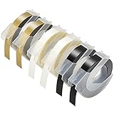 6er Pack 9mm 3D Schriftband, Selbstklebend Prägeband Schriftband Prägegerät Band Kompatibel für DYMO Omega & Motex Etikettenprägegerät 9mmx3m Weiß auf Schwarz/Weiß auf Transparen/Weiß auf G