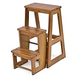 Giantex Klappbarer Leiterstuhl, Trittleiter Tritthocker 3 Stufen klappbar, Hockerleiter Multifunktionaler Trittstuhl Haushaltsleiter Kiefernholz (Hellbraun)