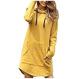 Lazzboy Kapuzenpullover Frauen Lange Länge Lose Feste Kordelzug Hoodie Pullover Mit Großer Tasche Damen Langarm Sweatshirts Tops Herbst Mini(Gelb,XL)