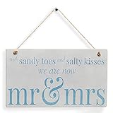 CAKIROTS Holzschild mit Sandy Toes Salty Kisses Mr & Mrs, für Strand, Hochzeit, Married, 25,4 x 15,2 cm, Hochzeitsgeschenk, Blumenmädchen-Dek