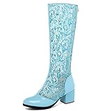 MJIASIAWA Damen Knee Hochzeit Kleid Blockabsatz Reißverschluss Mesh Reitstiefel Elegantspitze Formal Party Atmungsaktiv Boots Blau Gr 40 EU/41
