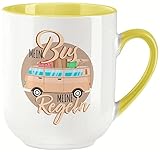 vanVerden Curved Tasse - Mein Bus Meine Regeln - Camping Vanlife Camper Reisen mit Gepäck - beidseitig Bedruckt - Geschenk Idee Kaffeetasse, Tassenfarbe:Weiß/Gelb