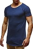 Leif Nelson Herren Sommer T-Shirt Rundhals-Ausschnitt Slim Fit Baumwolle-Anteil Moderner Männer T-Shirt Crew Neck Hoodie-Sweatshirt Kurzarm lang LN6339 Dunkelblau X-Larg