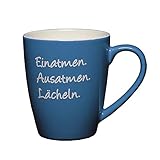 LePaJo Tasse mit Sprüchen: Einatmen Ausatmen Lächeln. Farbenfrohe Kaffeetasse, Tasse, Kaffeetassen, Geschenk