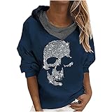 Damen Sommer Tops Lässiges T Shirt mit Totenkopf Strass Motiv V Ausschnitt Kurzarm Loser Pullover Plus Size Baggy Tunika B