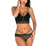 Dasongff Damen Spitzen Dessous Sexy Bralette Unterwäsche 2 Stück BH und Höschen Set Riemchen Babydoll Nachtwäsche Erotische Lingerie Sexy Bikini Halter Spitze BH Nachthemd Negligee Reizw