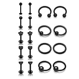 PiercingJak 18 STK. Piercing Set, 1,2mm Edelstahl Ring + Labret Piercing Hufeisen Hoop Septum Unterlippe Kugel Piercing für Ohr Lippen Helix Tragus, Schwarz/Gold/Silb