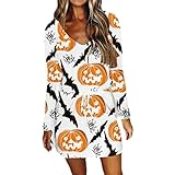 Onebary 2021 Europäisches und amerikanisches Kreuzband Herbst und Winter Neue Amazon Ebay Halloween Kleid V-Ausschnitt Gedruckt Langarm Kleid, weiß, S