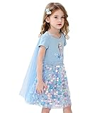 Fancyland ELSA Kleider Glanz Sommer-Kleid Kurzarm Frozen 2 Eiskönigin 2 Prinzessin Eisprinzessin Kostüm mit Cape Mädchen Kinder (Blau, Körpergröße 120cm)