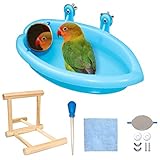 Papagei Badewanne mit Spiegel, Vogelspiegel Badewanne, Vogelkäfig Badewanne Zubehör, Wellensittich Holzspiegel Sitzstange mit Handpumpe für Papagei Wellensittich Nymphensittich Sittich Fink (Stil1)