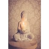 Stein Buddha Figur Deko Weiß 30cm Thai Skulptur Teelicht Betende Garten Steinfigur Teelichthalter Statue Zen Buddhafig