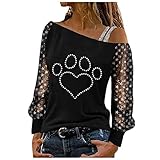 Vintage Pullover Damen 90er Pullover mit Schmetterlings Print T Shirt mit Kontrastnähten Langarm Tunika mit schrägem Ausschnitt Unregelmäßige schulterfreie Bluse Herbst Lang