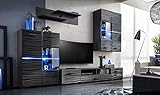 all4all Wohnwand Anbauwand Schrankwand Banti Hochglanz Schwarz mit Led Beleuchtung Blau Fernsehschrank Standvitrine Glas Modern 3D Dekor 10