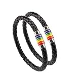 PHOGARY Gay Pride Armband Regenbogen Armband (2 Stück), Paar Schwarz Lederarmband Herren Damen LGBT Armreif mit Regenbogen gestreift Edelstahl Magnetverschluss 22