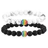 Flongo Partner Armbänder Energiearmband Energie LGBT Armband Regenbogen Streifen Gay Pride Schwul Homosexual Homosexuell Lava Türkis Stein Mala Kugel Perle Herren,Damen Accessoires 2 Stück S