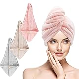 IEMY® Turban Handtuch - Haarturban 3 Stück mit Knopf, Mikrofaser Haartuchwickel Superabsorbierender Schnell, Lange Haare und Alle Haartypen, Rosa, Grau, B