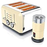 Arendo - 4-Scheiben Toaster + Milchaufschäumer im beigen Retro Look | kalter und warmer Milchschaum | 4-Schlitz-Toaster im Edelstahlgehäuse mit Bräunungsgrad 1-6