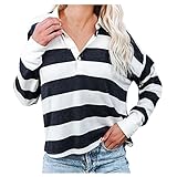 UOWEG Casual Henry Tops Damen Revers V-Ausschnitt Gestreifte Print Tunika Roll Up Langarm Bluse Button Down T Shirts Top Pullover (Black, XL)