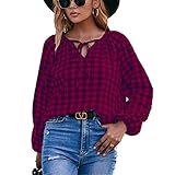 ZFQQZXC Frühling und Sommer lässiges Langarm-Karo-Hemdoberteil mit V-Ausschnitt für D