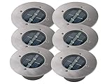 6er SET moderner Solar LED Bodeneinbaustrahler rund in Edelstahl / Glas für Auß