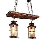 FCHMY Holz Pendelleuchte Vintage Industrie Stil Holz Kronleuchter Petroleum Lampenfassung Höhenverstellbar E27 Schmiedeeisen Lampenschirme Edison Deckenleuchten für Cafe Bar Restaurant,55