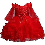 TiaoBug Baby Mädchen Kleider Festlich Spitzen Tüll Hochzeits Blumenmädchenkleid Brautkleider Prinzessin Partykleid Festkleider Taufkleid Rot D 80-86