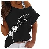MRULIC Damen T-Shirt Bluse Drucken Kurzarm Off Shoulder LäSsige Top Bluse Loses Top FrüHling Oberteile Blusen Basic Frauen Pullover(A1 Schwarz,L)