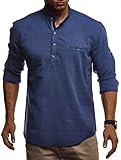 Leif Nelson Herren Leinenhemd Hemd Leinen Kurzarm T-Shirt Oversize Stehkragen Männer Freizeithemd Sommerhemd Regular Fit Jungen Basic Shirt Kurzarmshirt Freizeit Sweater LN3865 Blau X-Larg