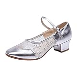 Deloito Damen Mode Freizeit Einzelne Schuhe Gaze Schnalle Strap Quadratische Fersen Rumba Walzer Prom Schuhe Ballsaal Latein Salsa Tanzschuhe (Silber,39 EU)