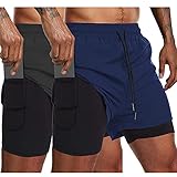 COOFANDY Herren Workout-Shorts Quick Dry 2 in 1 Gym Bodybuilding Training Laufen Athletic Jogger mit Handy-Taschen, 01-dunkelgrau/blau, XX-Larg