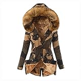 Wollmantel Damen Winter Lang Warm Gefüttert Plüschjacke Mit Kapuze Frauen Tarnung ReißVerschluss Dickere Warm Parka Damen üBergangsjacke Mit Taschen Steppjacke Damen Leicht Funktionsjacke Windjack